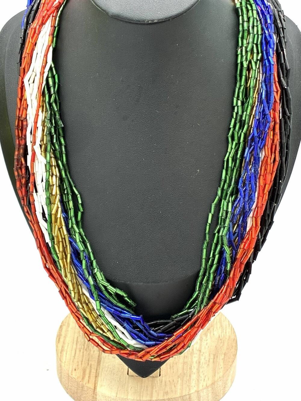 Vintage Multicolor Bugle Bead Necklace 20” Multi Strand Glass Statement